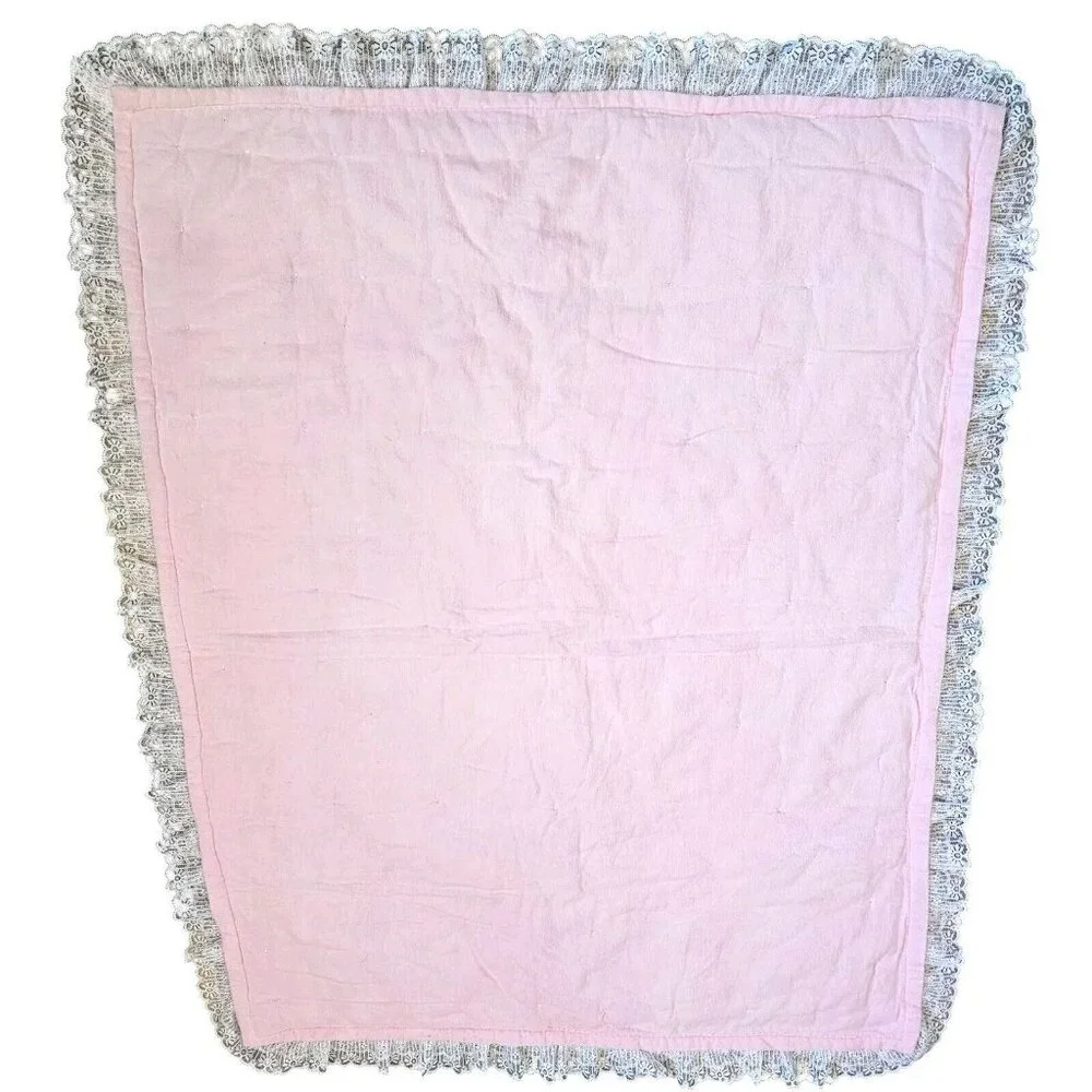 Vintage Baby Girl Quilt Blanket Lace Edge‎ Teddy Bear Balloons Hand Stitched